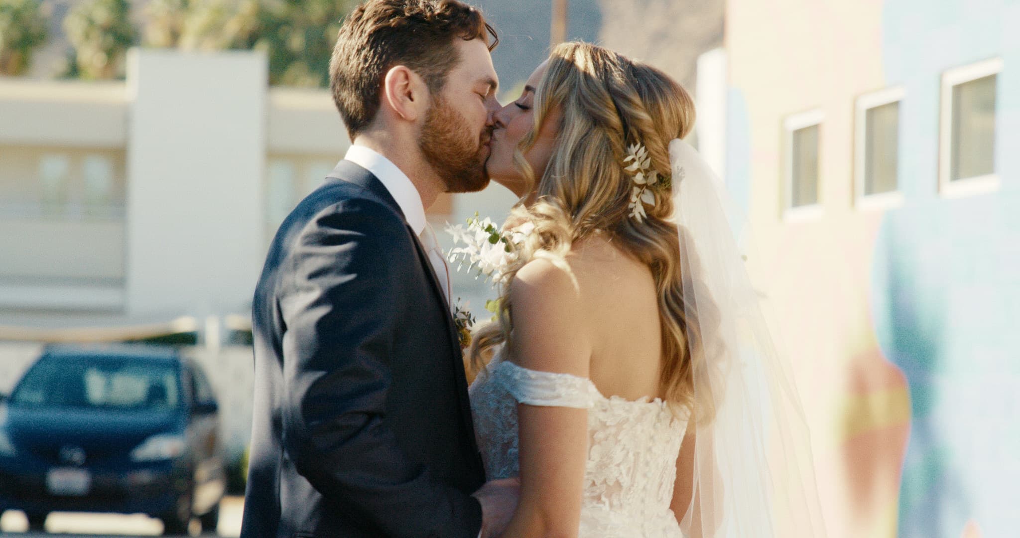 wedding couple having a first look at the ace hotel in palm springs